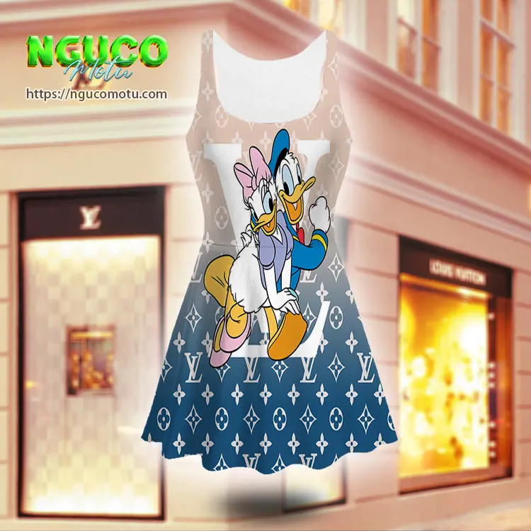 Lv and donald duck couple disney louis vuitton sleeveless midi flared dress gift uninque for women